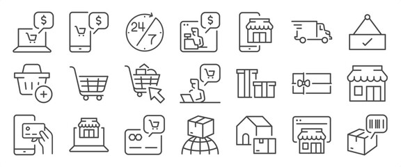 E-commerce icon set. It included store, online shopping, shop, buy, sell, shipping, and more icons. Editable Vector Stroke.
