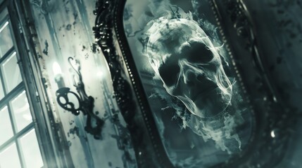A haunting mirror reveals a ghostly skull, creating an eerie atmosphere filled with mystery and intrigue.