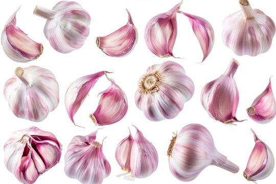 Garlic cloves whole head, various angles and positions of the same one garlic on white background