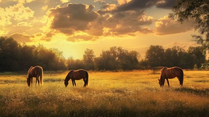 Three horses grazing in a field at sunset with a golden sky.