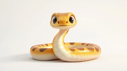 Fototapeta premium Cute cartoon snake with a joyful face and curled tail, resting on a white background, 3D animation style