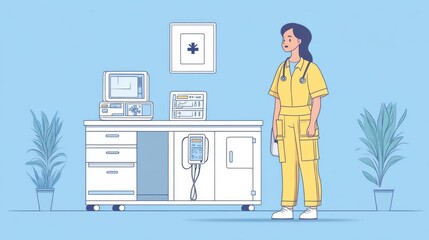 Illustration of a Nurse in a Modern Healthcare Setting with Medical Equipment