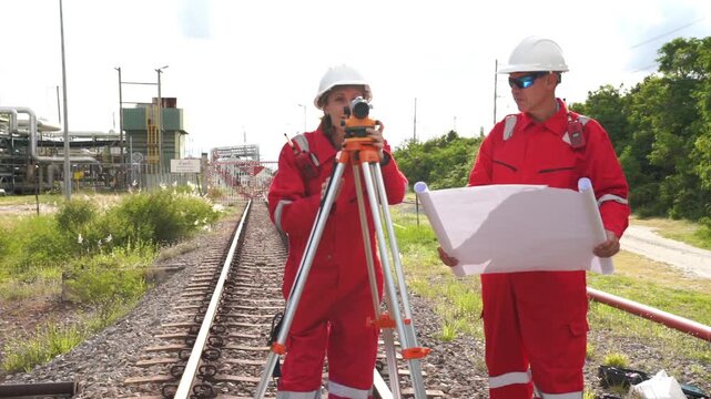 Team survey construction engineer discussion about blueprint drawings and use level survey camera. Engineer peering through a theodolite for check Raiway inside oil refinery plant.