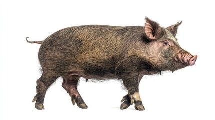 Fototapeta premium A brown and pink pig with a curled tail is walking toward the right against a white background.