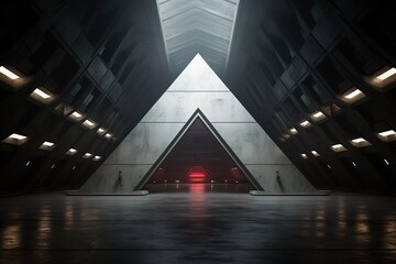 Futuristic concrete corridor with glowing red light at the end.