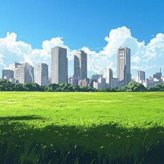Obraz premium Skyscrapers with the distance green big field