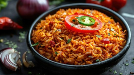 Savor the Flavor: A Delightful Dish of Spicy Rice Garnished with Fresh Vegetables