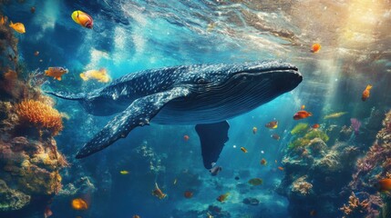 A majestic whale swimming through a vibrant underwater scene.