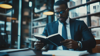 Obraz premium Professional in a sleek office, using both phone and book as information sources