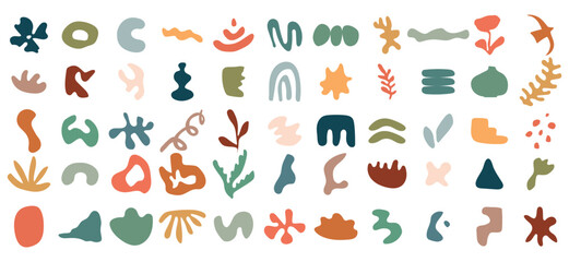 Big set of abstract organic shapes kit, vector irregular hand drawn blob set, organic shapes, liquid form, nature liquid random forms. Vector retro colors set of hand-drawn geometric shapes.