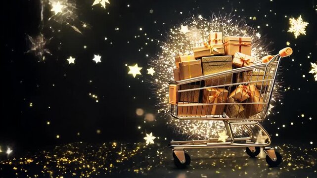 Golden shopping cart with many gift boxes on dark background with glittered bokeh, Black Friday concept, discount and sale.