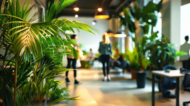 People walking on green office space, motion blur effect, environment concept

