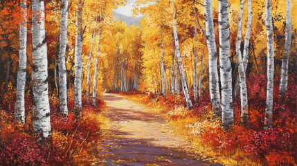 Obraz premium Stroll through an autumn forest, where golden trees cast warmth upon the path. --ar 16:9 --v 6.1 Job ID: fb147ff2-1adf-4155-bf44-da9b4dd309dd