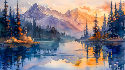 A watercolor painting of a serene mountain lake surrounded by tall pine trees and snow-capped peaks in the distance, with the sun setting and casting a warm, golden glow over the scene.