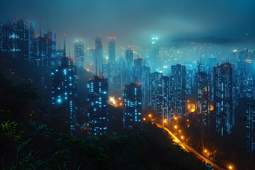 Obraz premium Futuristic Skyline of a Thriving Metropolis Powered by Innovative Renewable Energy Systems
