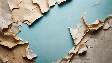 Torn paper border revealing a blue background with scattered edges on a wooden surface in a creative setup.