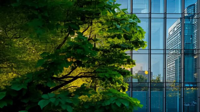 Eco-friendly building in the modern city. Sustainable glass office building with tree for reducing carbon dioxide. Office building with green environment.