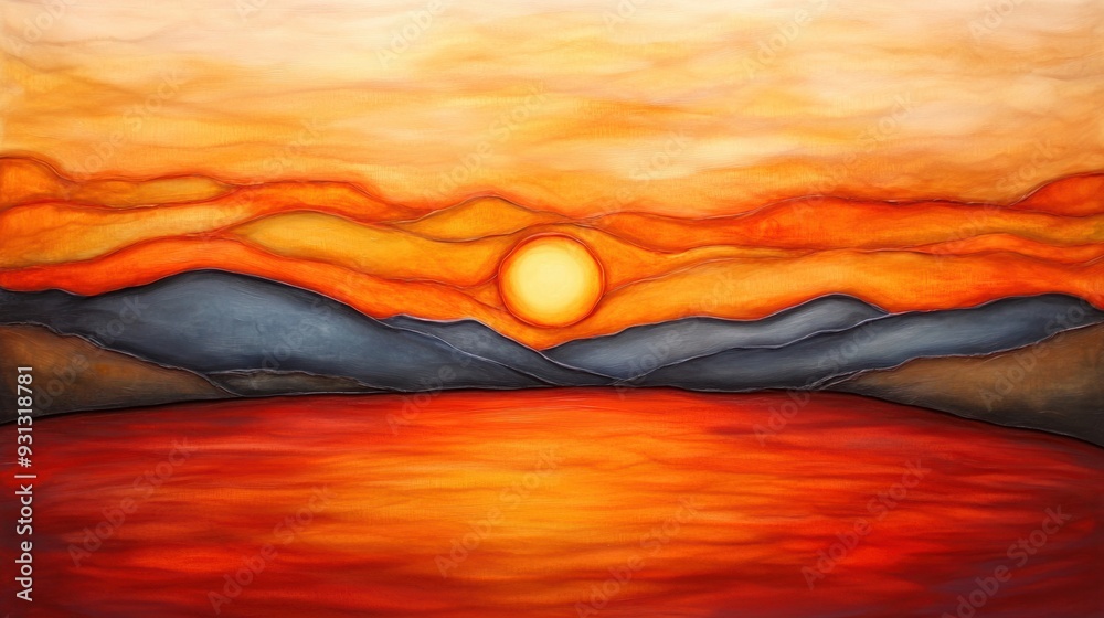 Canvas Prints a painting of a sunset over the water with mountains in the background, ai