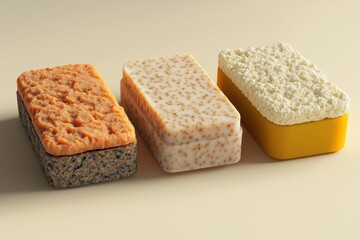 A collection of three colorful soap bars with unique textures, perfect for adding a vibrant touch to any bathroom or spa setting.