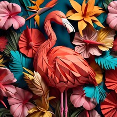 Origami 3D image of flamingo and tropical flowers masculin arty fashion print without 3-d effect