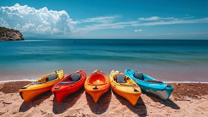 Brightly colored kayaks lined up on a sandy beach under a clear blue sky