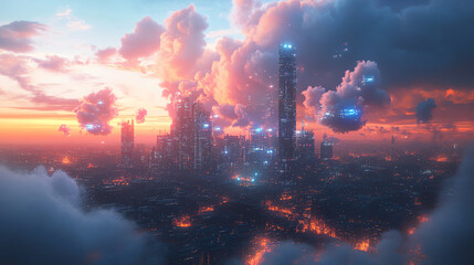 Fototapeta premium A breathtaking futuristic cityscape at sunset, with towering buildings illuminated by colorful lights and dramatic clouds above.
