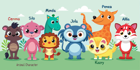 Naklejka premium Set of animal cartoon character wildlife fauna vector illustrations