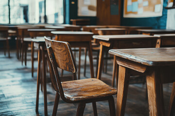 empty classroom, back to school concept, in high school, antique wooden lecture chairs and desks in classroom interior