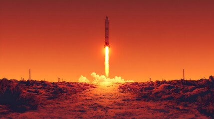 Blinking Rocket Launch in Vivid Orange Evening Sky,Anime-Inspired