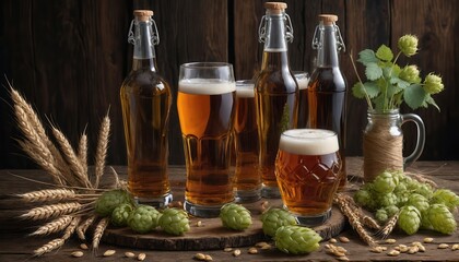 A captivating arrangement of craft beer in various bottles and glasses, accentuated with hops and barley, perfect for breweries, bars, and beer enthusiasts.
