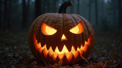 Glowing Jack-O'-Lantern at night.