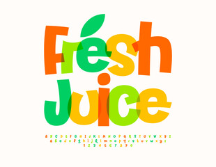 Vector artistic advertisement Fresh Juice with decorative Leaf. Bright creative Font. Watercolor Alphabet Letters and Numbers set.