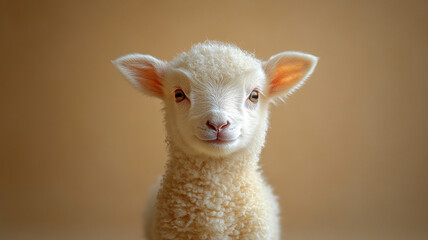 Fototapeta premium A little lamb. Lamb on the straw. Lamb on wool. A lamb in a Santa hat.