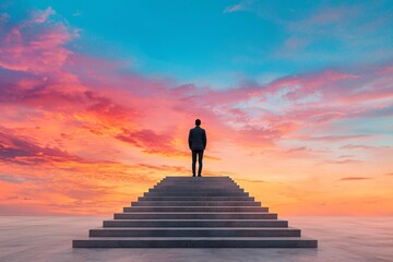 Man Standing On Top Of Stairs Against A Dramatic Sunset.
