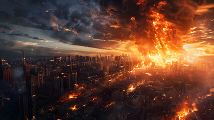 A massive firestorm erupts over a city, with towering flames and smoke consuming the skyline. The apocalyptic scene depicts widespread destruction under a dark, chaotic sky.