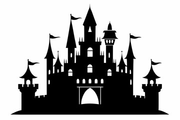 Obraz premium silhouette of a castle with tower and flags. castle icon vector illustration 