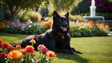 A majestic cat and dog duo, lounging in a sun-drenched garden with vibrant flowers and a bubbling fountain in the background. The cat's fur is a deep, rich black while the dog's coat is a mix of golde