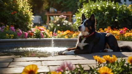 A majestic cat and dog duo, lounging in a sun-drenched garden with vibrant flowers and a bubbling fountain in the background. The cat's fur is a deep, rich black while the dog's coat is a mix of golde