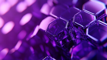 Close-up of hexagonal transparent structures illuminated by purple light