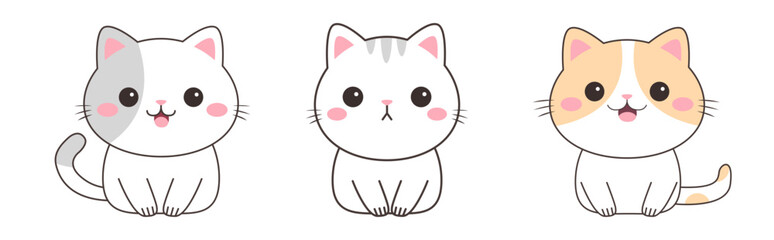 Cat kitten set. Three kitten. Funny face head. Contour line doodle. Orange, white, gray colors. Cartoon kawaii baby character. Sticker print. Childish style. Flat design. White background. Vector