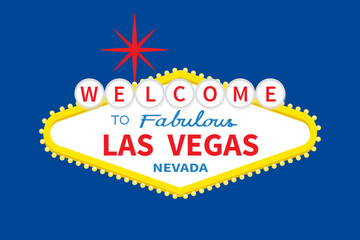 Welcome to Las Vegas sign icon. Red star. Nevada sight showplace. Classic retro symbol. Template for greeting card, banner, sticker print. Flat design. Isolated. Blue background. Vector illustration
