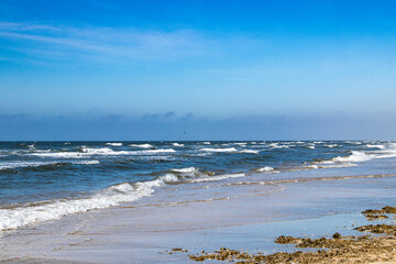 beautiful blue North Sea in September with sunshine and blue sky in Rømø Denmark