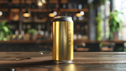 A blank gold can is placed on a wooden table in a stylish bar, with a backdrop of warm lighting and green plants. Perfect for product mockups and branding in a relaxed, inviting atmosphere.