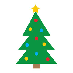 Green Fir Christmas tree icon with star top tip, light ball toy set. Happy New Year. Greeting card. Cute cartoon xmas decoration. Childish style. Simple flat design. White background. Isolated. Vector