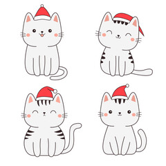 Merry Christmas cat icon set. White kitten face. Red Santa Claus hat. Contour line doodle. Different emotions. Cute cartoon kawaii funny character. Sticker print. Flat design. White background. Vector