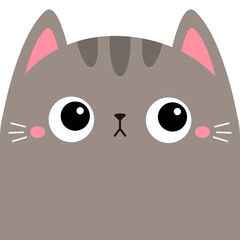 Square cat kitten face head silhouette. Gray color. Cute cartoon funny character. Kawaii pet animal. Pink nose, ears, tongue. Childish style. Sticker print. Flat design. White background. Vector