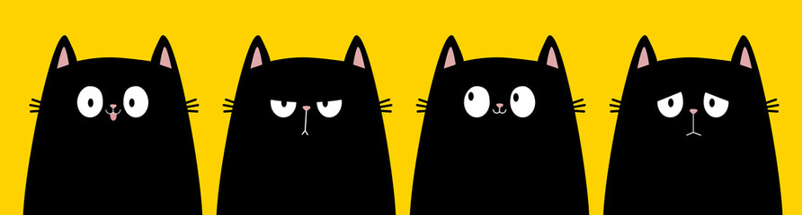 Black cat kitten kitty icon set. Cute kawaii cartoon character. Happy, sad, angry, surprised emotion. Happy Valentines Day. Greeting card, banner, tshirt, sticker. Yellow background Flat design Vector