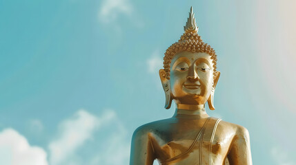 Obraz premium A golden Buddha statue standing tall against a bright blue sky with soft clouds, symbolizing peace and spirituality in a serene outdoor setting.