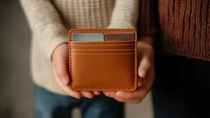 A close-up of two hands holding a brown leather wallet, showcasing its sleek design and texture against a soft background.