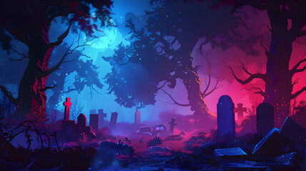 Fototapeta premium A dark and mysterious graveyard at night, illuminated by eerie blue and red lighting. Trees and tombstones cast haunting shadows, creating a spooky, atmospheric scene.